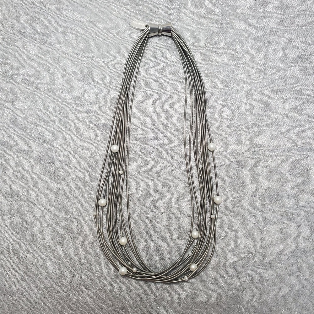 Sea Lily Multi-Strand Piano Wire Necklace with Pearls Silver Tone Magnetic Clasp